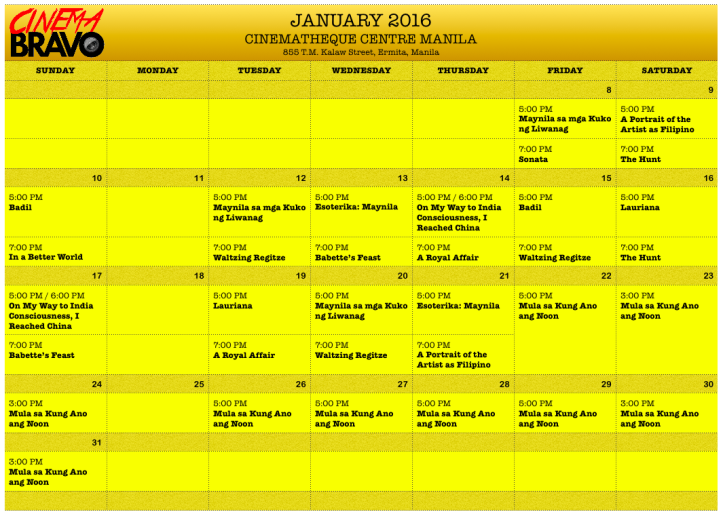 Cinematheque Centre Manila January 2016 screening schedules